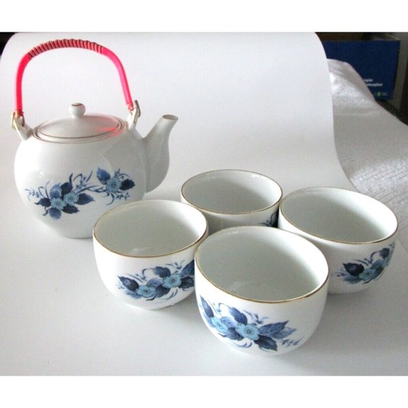 Golden China Other - Vintage Golden China Asian Tea Set - 4 Cups & Pot Blue Floral - Ceramic Taiwan